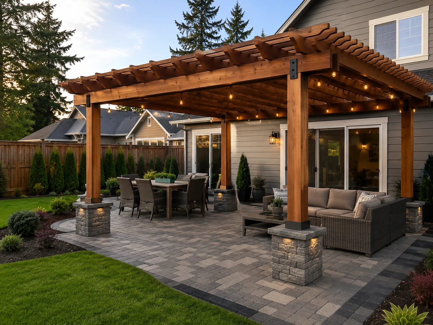 Finished pergola and paver outdoor living space