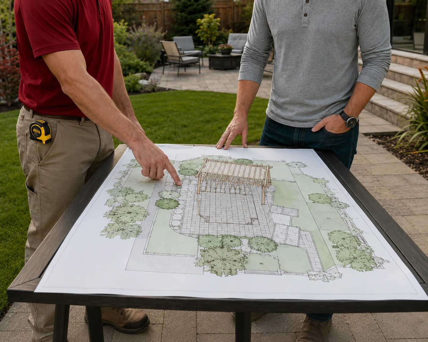 Contractor and homeowner reviewing an outdoor-living plan
